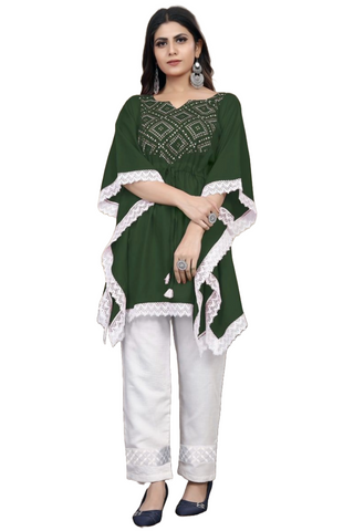 kaftan-rayon-cotton-kurti-with-print-pant-bottle-green-white