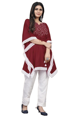 kaftan-rayon-cotton-kurti-with-print-pant-maroon-white