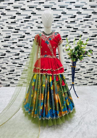 kediya-style-lehenga-choli-dupatta-set-embroidery-sequence-work-soft-printed-color-red-green-1