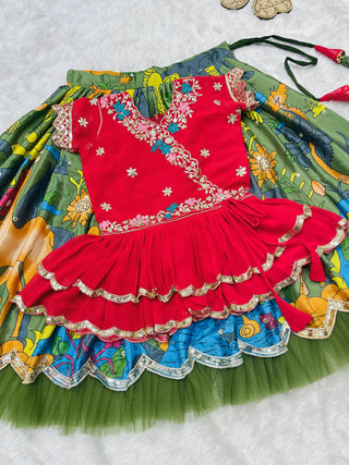 kediya-style-lehenga-choli-dupatta-set-embroidery-sequence-work-soft-printed-color-red-green-5