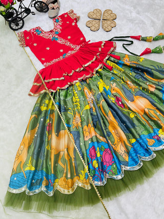 kediya-style-lehenga-choli-dupatta-set-embroidery-sequence-work-soft-printed-color-red-green-7