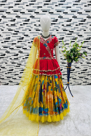 kediya-style-lehenga-choli-dupatta-set-embroidery-sequence-work-soft-printed-color-red-yellow-1