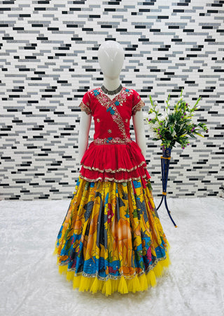 kediya-style-lehenga-choli-dupatta-set-embroidery-sequence-work-soft-printed-color-red-yellow-2