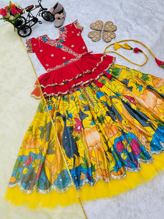 kediya-style-lehenga-choli-dupatta-set-embroidery-sequence-work-soft-printed-color-red-yellow-4