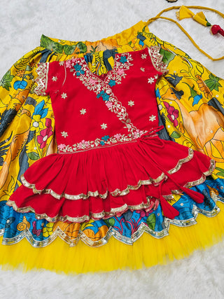 kediya-style-lehenga-choli-dupatta-set-embroidery-sequence-work-soft-printed-color-red-yellow-6