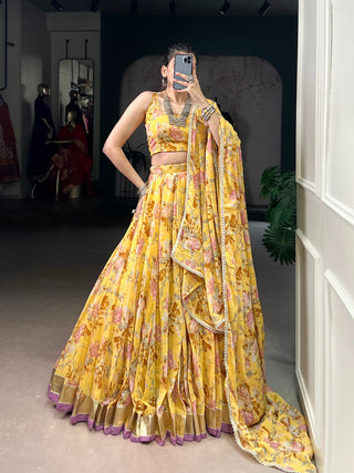 Ship From India! Varman Lehenga For Women Ready To Wear Lehenga Choli Dupatta Set Chiffon With Floral And Foil Print Work Party Wear Fully Stitched Blouse, Listing ID: PRE10012723216666