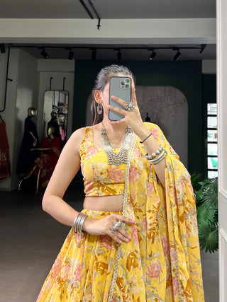 Ship From India! Varman Lehenga For Women Ready To Wear Lehenga Choli Dupatta Set Chiffon With Floral And Foil Print Work Party Wear Fully Stitched Blouse, Listing ID: PRE10012723216666