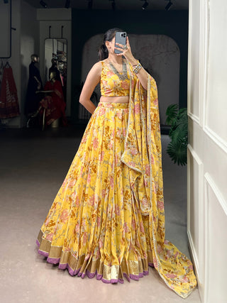 Ship From India! Varman Lehenga For Women Ready To Wear Lehenga Choli Dupatta Set Chiffon With Floral And Foil Print Work Party Wear Fully Stitched Blouse, Listing ID: PRE10012723216666