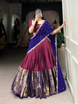 lehenga-choli-dupatta-set-narayan-pattu-zari-weaving-sequence-embroidery-work-color-brown-navy-blue-1