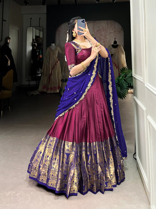 lehenga-choli-dupatta-set-narayan-pattu-zari-weaving-sequence-embroidery-work-color-brown-navy-blue-2