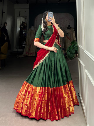 lehenga-choli-dupatta-set-narayan-pattu-zari-weaving-sequence-embroidery-work-color-green-red-1
