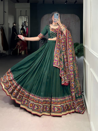 lehenga-choli-dupatta-set-tasar-silk-gamthi-print-embossed-design-gotta-patti-lace-color-green-1