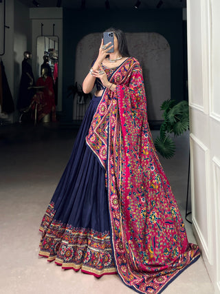 lehenga-choli-dupatta-set-tasar-silk-gamthi-print-embossed-design-gotta-patti-lace-color-navy-blue-1