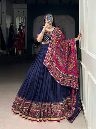 lehenga-choli-dupatta-set-tasar-silk-gamthi-print-embossed-design-gotta-patti-lace-color-navy-blue-2
