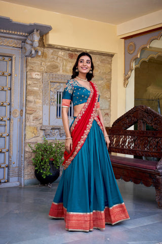 lehenga-kurti-dupatta-set-pure-vichitra-silk-zari-weaving-sequins-lace-work-color-blue-1