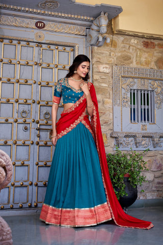 lehenga-kurti-dupatta-set-pure-vichitra-silk-zari-weaving-sequins-lace-work-color-blue-2