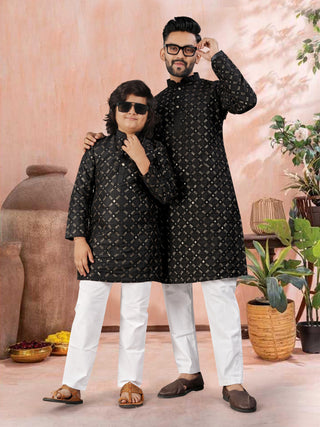 men-kids-combo-kurta-pyjama-set-heavy-soft-silk-with-silver-mate-sequence-embroidery-work-color-black-1
