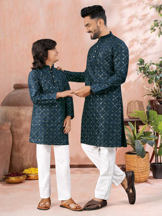 men-kids-combo-kurta-pyjama-set-heavy-soft-silk-with-silver-mate-sequence-embroidery-work-color-green-1