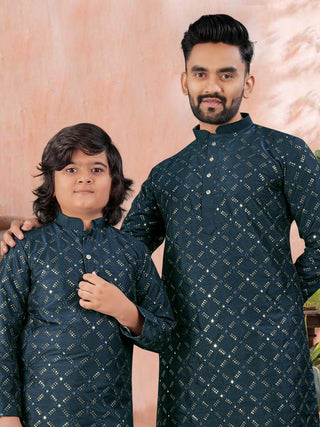 men-kids-combo-kurta-pyjama-set-heavy-soft-silk-with-silver-mate-sequence-embroidery-work-color-green-2