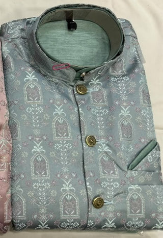 men-kurta-pyjama-koti-set-cotton-silk-jacquard-jari-work-color-green