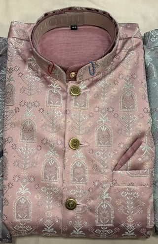 men-kurta-pyjama-koti-set-cotton-silk-jacquard-jari-work-color-red