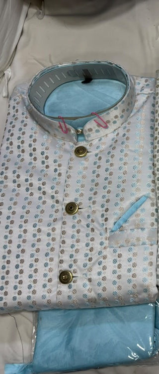 men-kurta-pyjama-koti-set-cotton-silk-jacquard-jari-work-color-blue