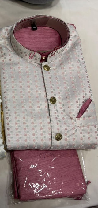 men-kurta-pyjama-koti-set-cotton-silk-jacquard-jari-work-color-red