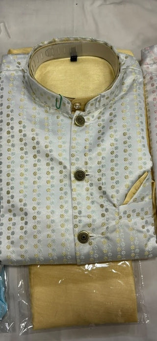 men-kurta-pyjama-koti-set-cotton-silk-jacquard-jari-work-color-yellow