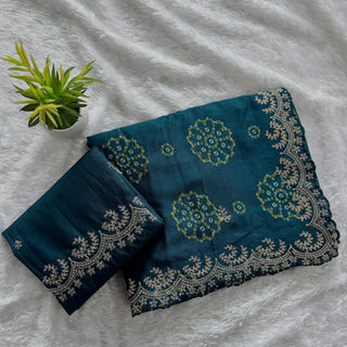mulmul-chinnon-saree-with-print-heavy-embroidery-work-silk-blouse-color-blue-2
