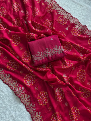 mulmul-chinnon-saree-with-print-heavy-embroidery-work-silk-blouse-color-rani-1