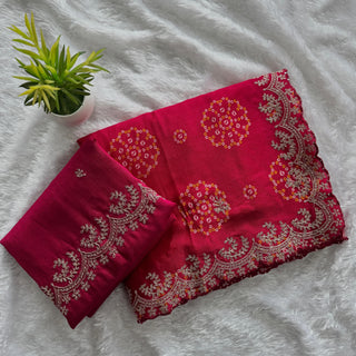 mulmul-chinnon-saree-with-print-heavy-embroidery-work-silk-blouse-color-rani-2