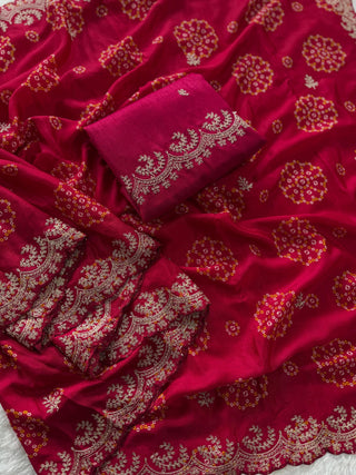 mulmul-chinnon-saree-with-print-heavy-embroidery-work-silk-blouse-color-rani-3