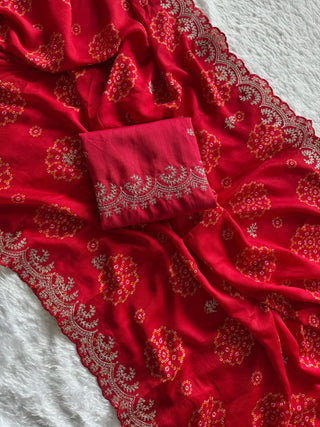 mulmul-chinnon-saree-with-print-heavy-embroidery-work-silk-blouse-color-red-1