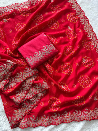 mulmul-chinnon-saree-with-print-heavy-embroidery-work-silk-blouse-color-red-3