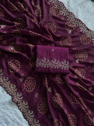 mulmul-chinnon-saree-with-print-heavy-embroidery-work-silk-blouse-color-wine-1