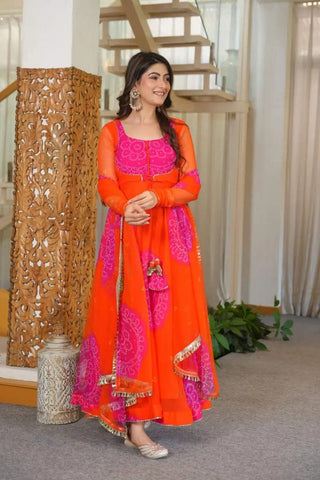 VARMAN DESIGNER ORANGE GEORGETTE PRINTED ANARKALI GOWN SET FOR WOMEN READY TO WEAR FULLY STITCHED ID :10445177159962