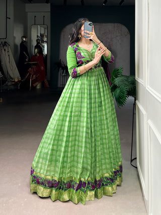 polyester-viscose-chanderi-gown-koti-set-with-print-zari-weaving-work-color-green-1