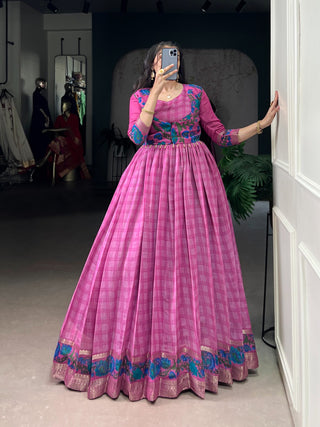 polyester-viscose-chanderi-gown-koti-set-with-print-zari-weaving-work-color-pink-1