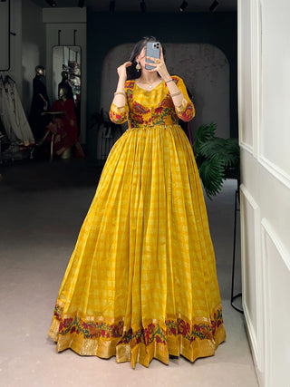 polyester-viscose-chanderi-gown-koti-set-with-print-zari-weaving-work-color-yellow-2