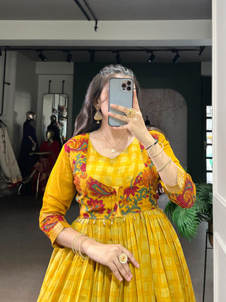 polyester-viscose-chanderi-gown-koti-set-with-print-zari-weaving-work-color-yellow-3