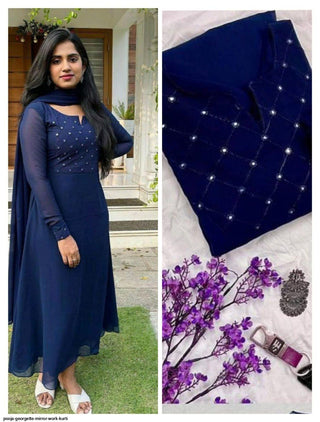2-3 Days Delivery! Dresses For Women Party Wear Gown Kurtis Suit Georgette with Embroidery Mirror Traditional Blue Color, Listing ID: 8957689200922