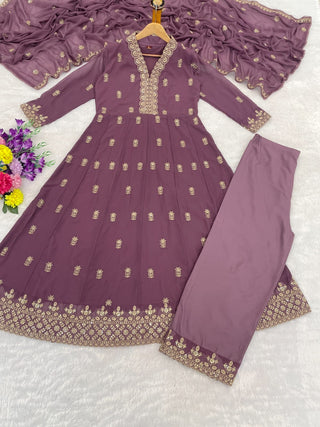 VARMAN DESIGNER PURPLE FOX FABRIC WITH SEQUIN AND CHIKU THREAD WORK  FOR WOMEN READY TO WEAR FULLY STITCHED ID : 10443792023834