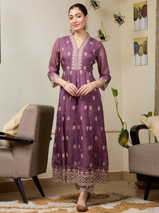 VARMAN DESIGNER PURPLE FOX FABRIC WITH SEQUIN AND CHIKU THREAD WORK  FOR WOMEN READY TO WEAR FULLY STITCHED ID : 10443792023834