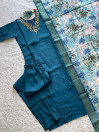 premium-roman-silk-kurti-pant-dupatta-set-embroidery-zari-print-work-color-blue-1