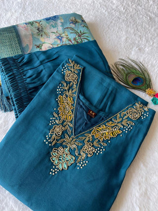 premium-roman-silk-kurti-pant-dupatta-set-embroidery-zari-print-work-color-blue-2