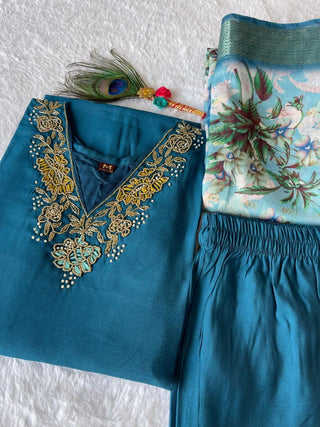 premium-roman-silk-kurti-pant-dupatta-set-embroidery-zari-print-work-color-blue-3