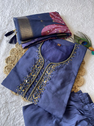 premium-roman-silk-kurti-pant-dupatta-set-embroidery-zari-print-work-color-blueberry-3