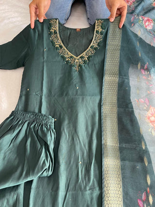 premium-roman-silk-kurti-pant-dupatta-set-embroidery-zari-print-work-color-bottle-green-2