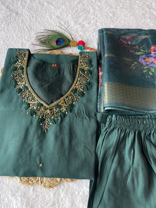 premium-roman-silk-kurti-pant-dupatta-set-embroidery-zari-print-work-color-bottle-green-3