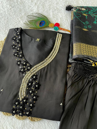 premium-roman-silk-kurti-pant-dupatta-set-embroidery-zari-print-work-color-dark-black-2